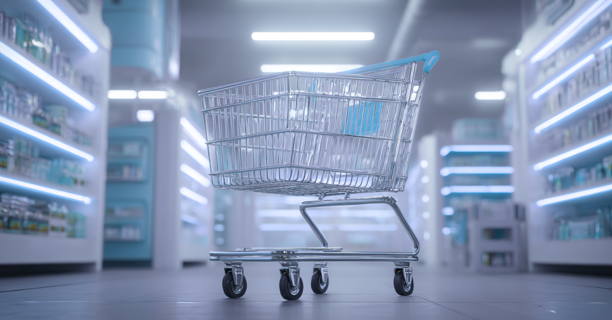 Shopping cart in a sleek, well-lit retail store aisle surrounded by shelves of consumer packaged goods, symbolizing the modern CPG landscape.