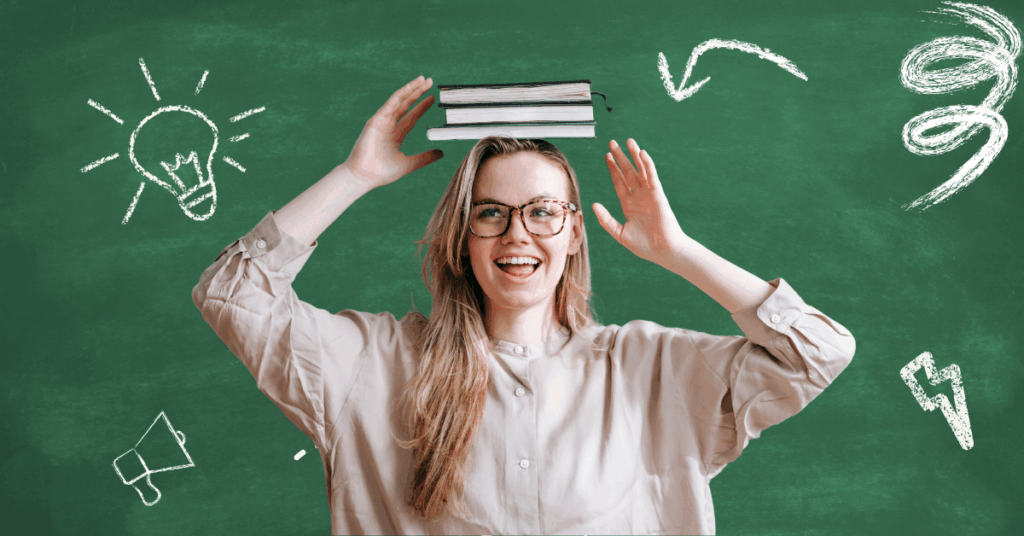 Gen Z woman smiling with books on her head in front of a chalkboard with creative doodles, symbolizing learning, authenticity, and brand connection for younger audiences.