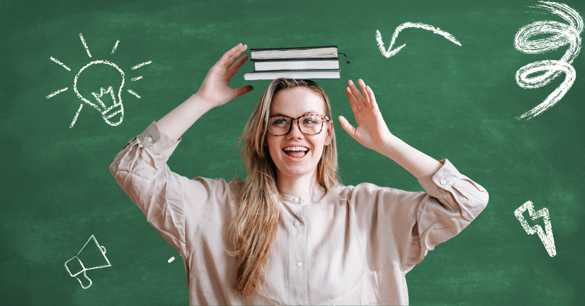 Gen Z woman smiling with books on her head in front of a chalkboard with creative doodles, symbolizing learning, authenticity, and brand connection for younger audiences.