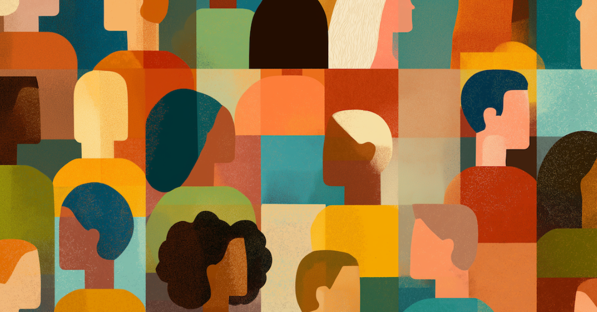 Illustrated collage of diverse human silhouettes in various skin tones, hair styles, and colors, arranged in a colorful mosaic pattern. The artwork visually represents multiculturalism, inclusion, and community—supporting the theme of reaching diverse audiences through programmatic media.