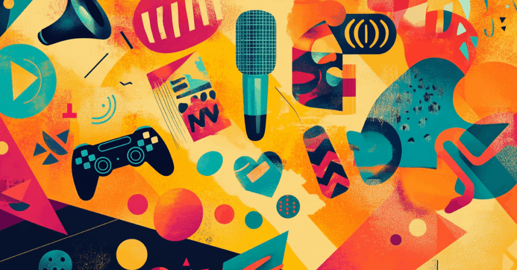 Abstract collage of five stylized icons— a microphone with speech bubbles (comedy), a gaming controller with code symbols (tech), a garment silhouette (fashion), maracas with confetti (cultural storytelling), and a taco-sushi fusion icon (fusion cuisine)—layered over a vibrant, geometric Latino-inspired background with warm golden light.