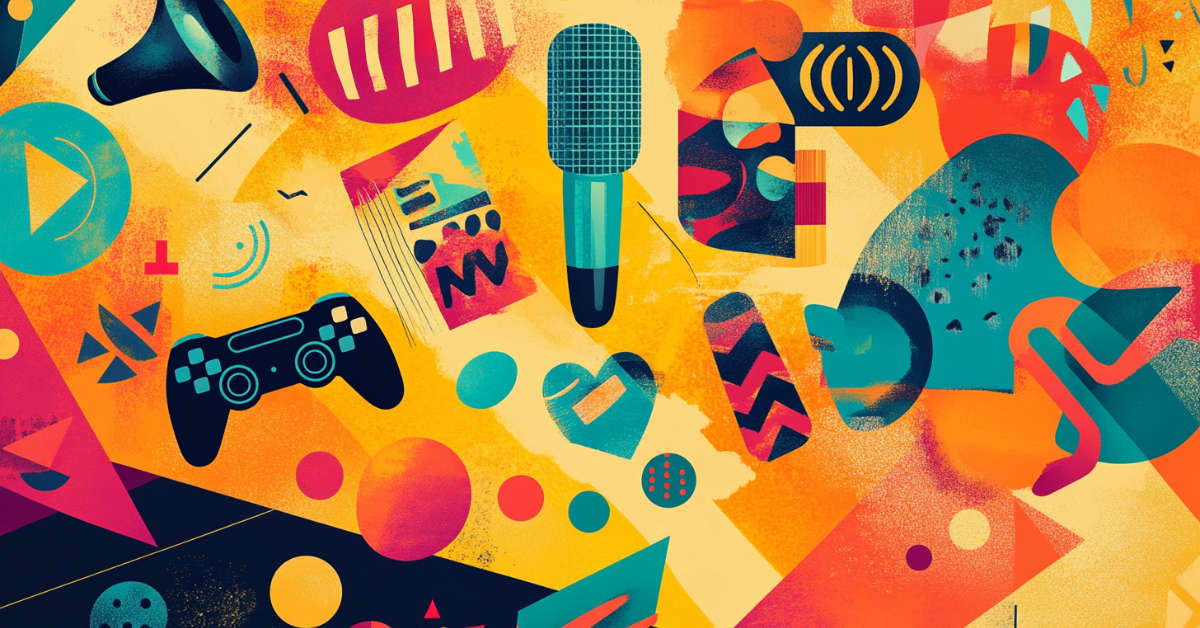 Abstract collage of five stylized icons— a microphone with speech bubbles (comedy), a gaming controller with code symbols (tech), a garment silhouette (fashion), maracas with confetti (cultural storytelling), and a taco-sushi fusion icon (fusion cuisine)—layered over a vibrant, geometric Latino-inspired background with warm golden light.