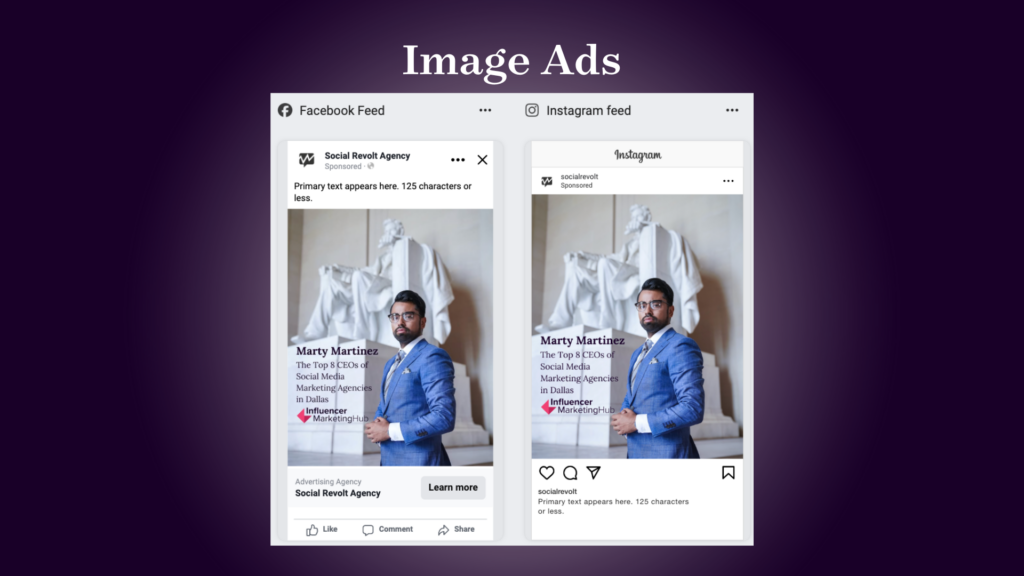 Meta single image ad examples on Facebook and Instagram featuring Marty Martinez of Social Revolt Agency, showcasing branded static ad format for social media marketing.