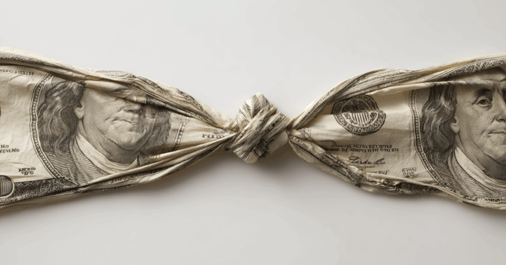 Two one hundred dollar bills tied together implying a scrappy marketing budget.