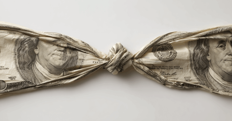 Two one hundred dollar bills tied together implying a scrappy marketing budget.
