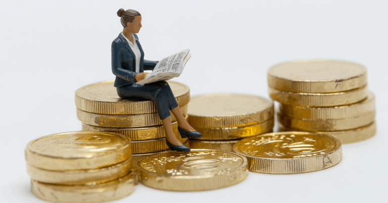 Miniature businesswoman figurine reading a newspaper while sitting on stacks of gold coins, symbolizing marketing strategy, investment, and paid media ROI.