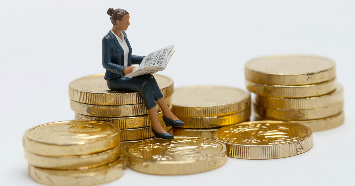 Miniature businesswoman figurine reading a newspaper while sitting on stacks of gold coins, symbolizing marketing strategy, investment, and paid media ROI.