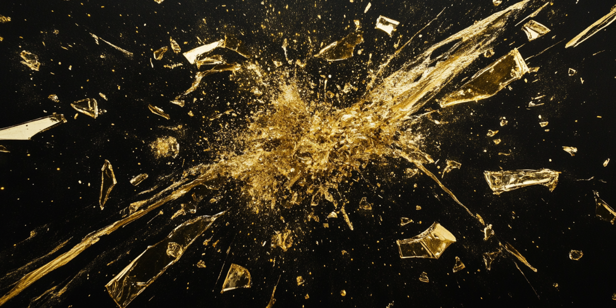 Stylized image of a glass object mid-shatter against a black background, with golden shards and particles exploding outward, symbolizing creative disruption and breakthrough strategy.