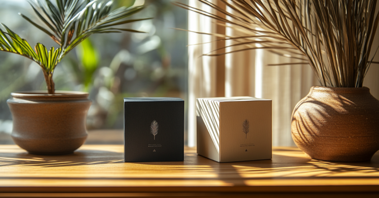 Two minimalist product boxes, one black and one beige, sit between ceramic planters in natural sunlight. Each box features a refined palm logo, symbolizing cohesive brand identity through elegant packaging design.