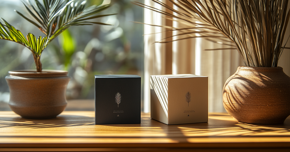 Two minimalist product boxes, one black and one beige, sit between ceramic planters in natural sunlight. Each box features a refined palm logo, symbolizing cohesive brand identity through elegant packaging design.