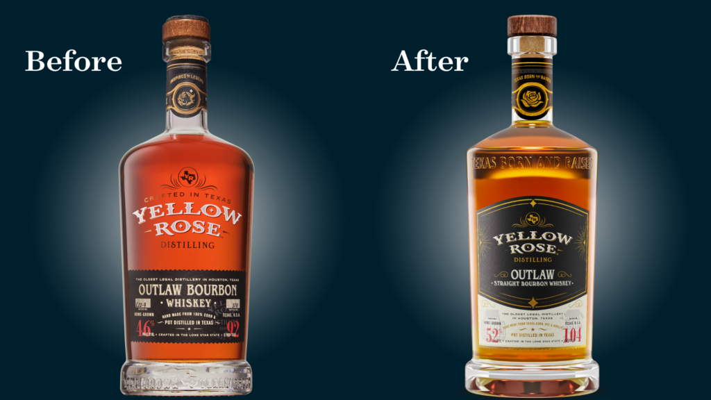 On the left side, the Outlaw Bourbon whiskey bottle label original. On the right side, the new Outlaw Bourbon whiskey bottle label created by Social Revolt Agency.